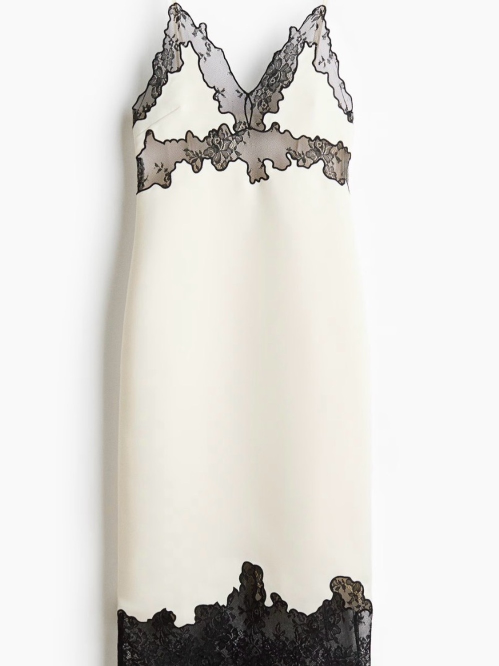H&M Cream Midi Slip Dress with Black Lace Trim